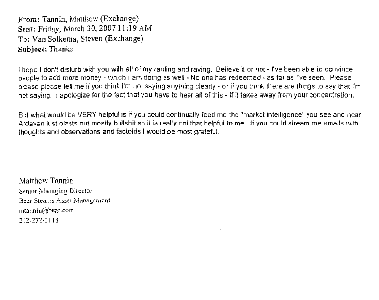 2007-03-30 Bear Stearns Email from Matthew Tannin to Steven Van Solkema