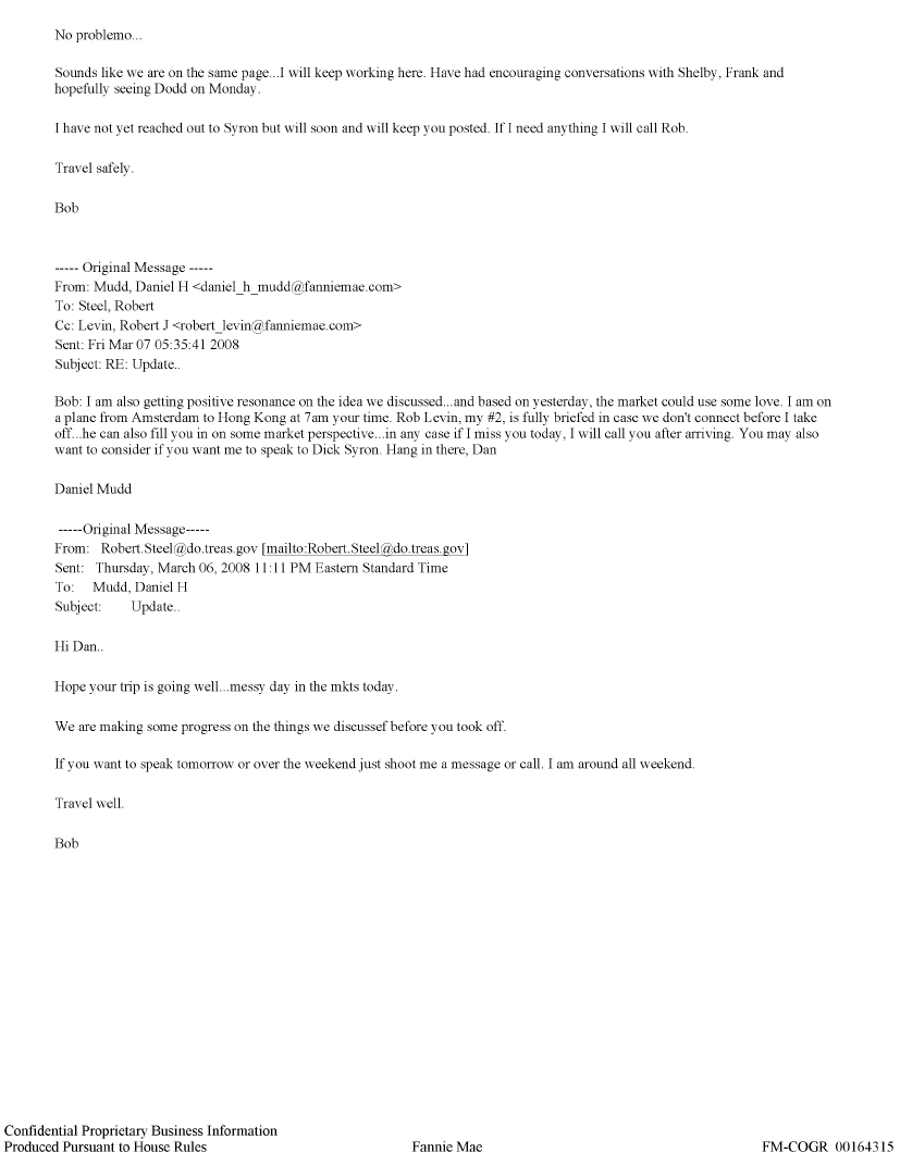 2008-03-07 E-Mail exchange between Daniel Mudd, Robert Levin, and Robert Steel-2